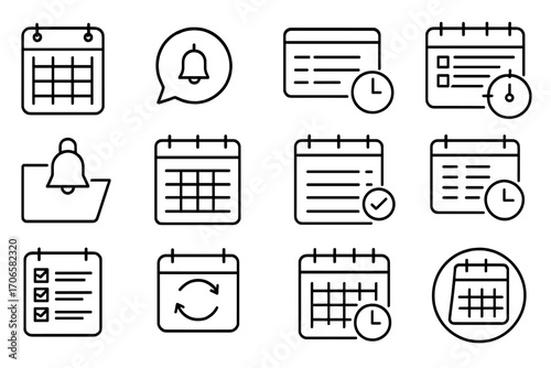 Calendar and clock outline icon set. timely scheduling and planning icons collection