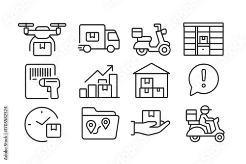 Delivery and logistics outline icon set. shipping, courier, transport icons collection