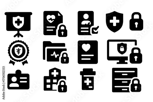 Healthcare, security silhouette icon set. medical, privacy protection icons collection