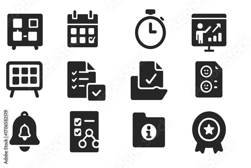 Business, productivity solid icon set. office, management, task, planning icons collection