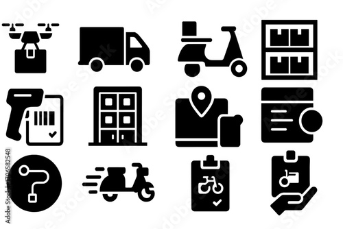 Logistics and delivery solid icon set. shipping, transport, warehouse icons