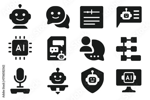 Ai, chatbot solid icon set. communication, technology, robot icons solid collection