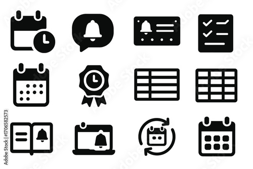 Calendar and notification filled icon set. schedule and alert icons for productivity