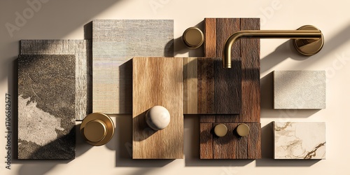 Overhead View of Interior Design Materials with Wood Samples, Brass Handles, Stone, and Marble Accents in Neutral Palette