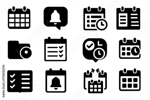 Calendar and reminder solid icon set. scheduling alerts illustration in solid style
