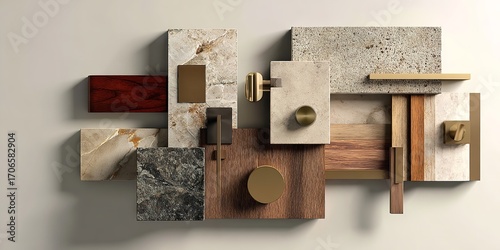 Overhead View of Interior Design Materials with Wood Samples, Brass Handles, Stone, and Marble Accents in Neutral Palette