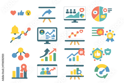Analytics and marketing flat icon set. data visualization and analysis icons collection