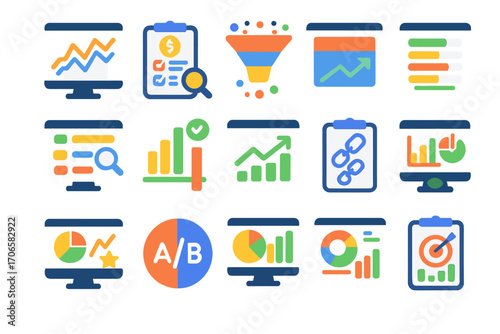 Analytics, data flat icon set for reports and metrics. business and chart symbols