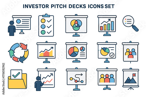 Business, presentation outline icon set. investor pitch decks outlined symbols
