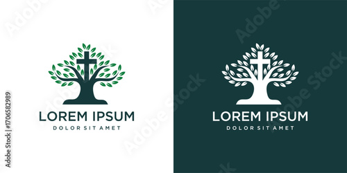 Illustration of a natural tree logo with a Christian cross background