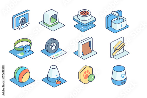 Pet care flat icon set. grooming and feeding essentials in flat illustration