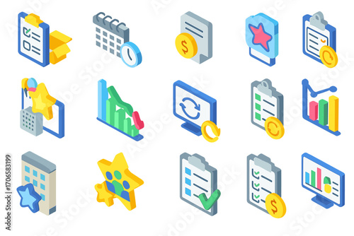 Business and productivity 3d icon set. office, task management, charts in 3d style