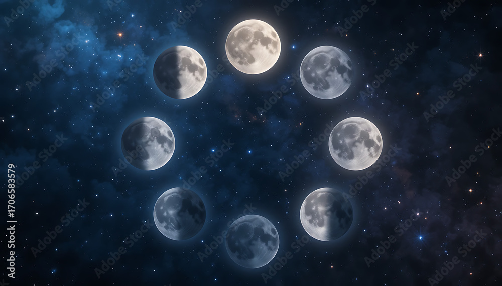Obraz premium Lunar phases cycle displayed against a starry night sky backdrop.