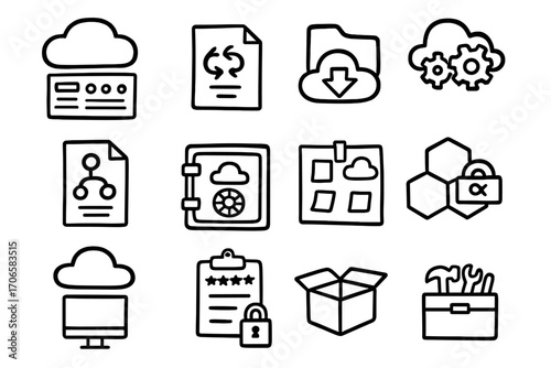 Cloud computing and data storage icon set. linear icons for technology applications