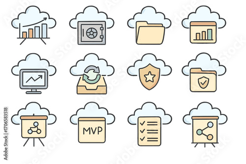 Business, finance outline icon set. reports, security, folder icons collection
