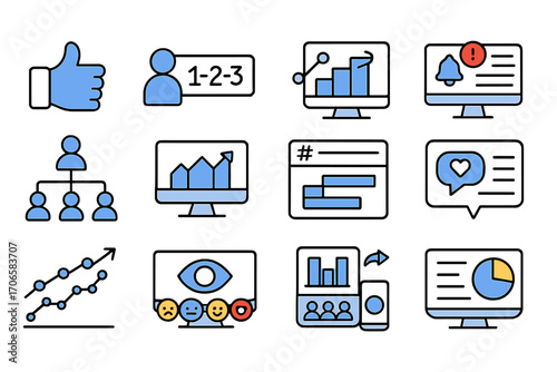 Business, management outline icon set. analytics, charts, reports icons collection