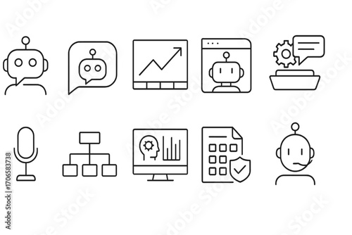 Bot and ai tools icon set. chatbots, analysis, communication in line style