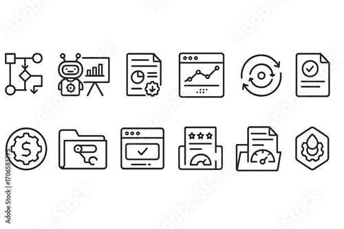 Business and analytics line icon set. data, charts, and process linear icons collection