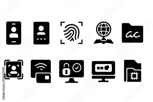 Technology, security solid icon set: locks, biometrics, networks in bold silhouettes