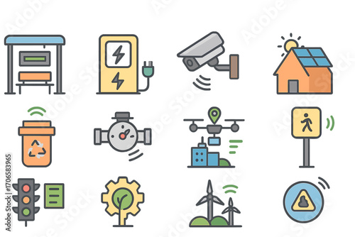 Smart city flat icon set. environment, sustainability, urban development visuals