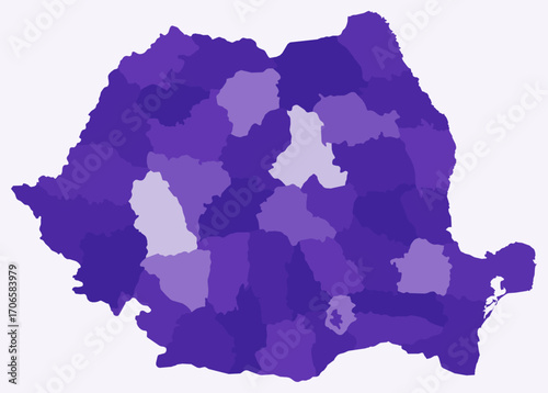 Map of Romania with regions. Just a simple country border map with region division. Deep purple color palette. Plain Romania shape with administrative division. Vector illustration.