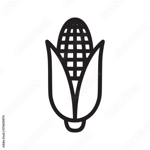 Illustration of a corn cob, showcasing its kernels and husk in a minimalist style, perfect for representing agriculture, healthy eating, and autumn harvest themes in graphic design