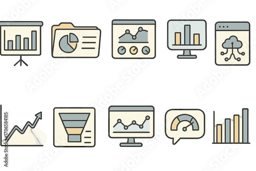 Business analytics icon set: data, charts, line style collection for reports