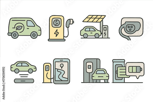 Electric vehicle flat icon set. charging, eco-friendly, mobility icons collection