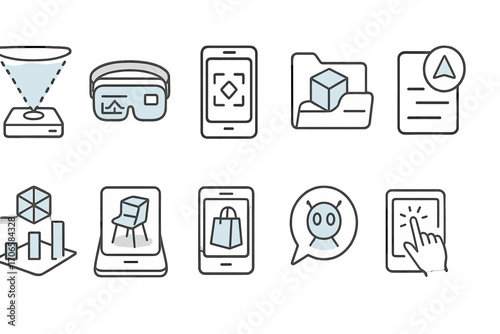 Augmented reality and tech flat icon set. smart gadgets, ar apps, virtual tools.