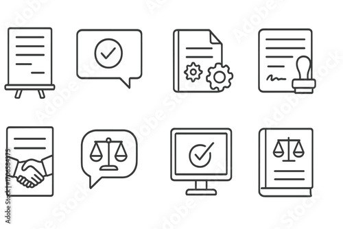 Legal, document outline icon set. contract, agreement, law icons outline style