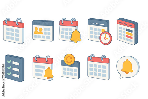 Calendar and notification flat icon set for task planning and reminders