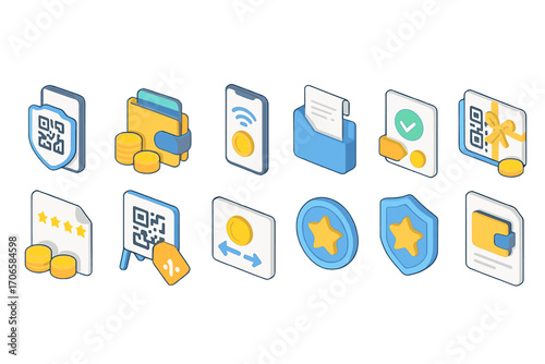 Finance, security isometric icon set. 3d icons of files, coins, and qr codes