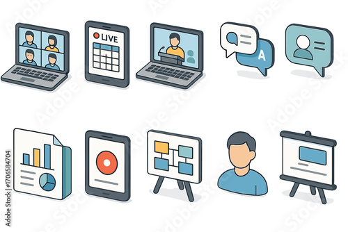 Communication and networking icon set. conference, chat, outline collection
