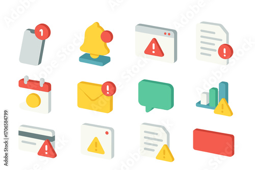 Alert notification 3d icon set. warning, message, reminder icons in 3d style.