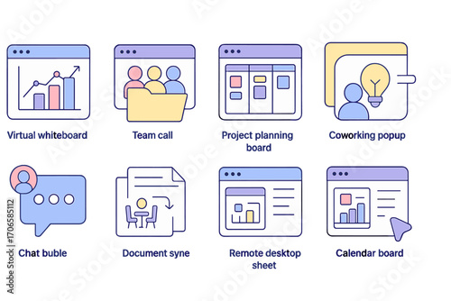 Office tools outline icon set. team, project, workspace, chat, calendar icons collection