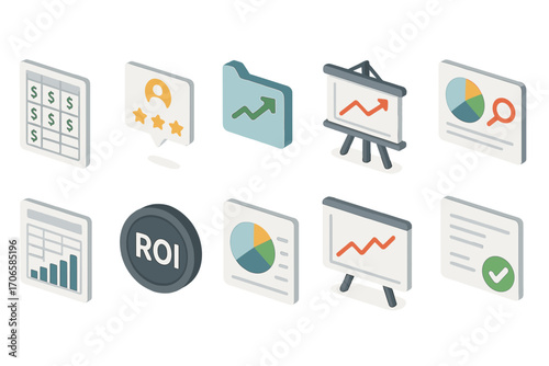 Business analytics icon set. flat data, chart, roi, growth, finance icons collection