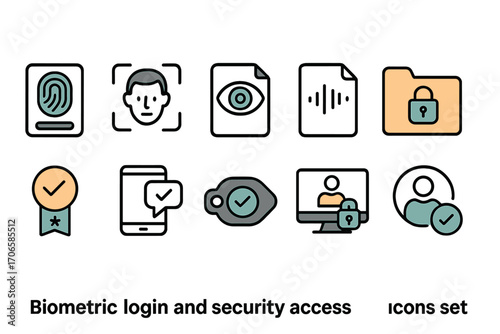 Biometric login and security access icon set. secure, authentication icons flat style
