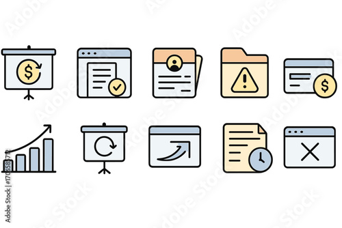 Business presentation icon set. finance, file management icons outline style