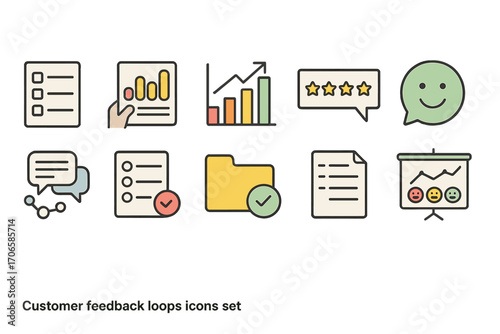 Customer feedback loop icon set. flat icons for communication and analysis