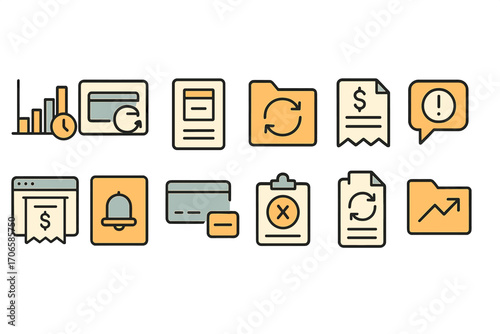 Finance and accounting outline icon set. expense and revenue management symbols