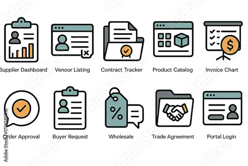 Business and trade line icon set. supplier, contract, product, and invoice line icons