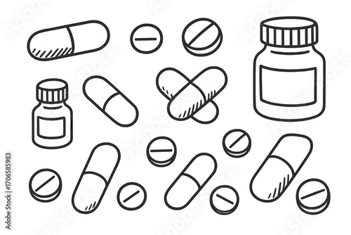 Medication and pharmacy line icon set. pills, capsules, bottles in outline style