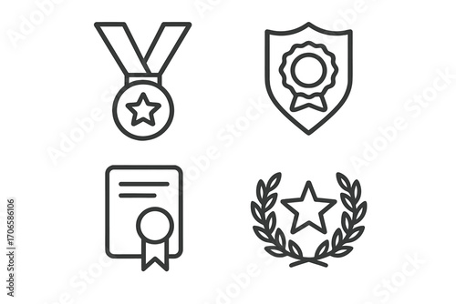 Award, achievement outline icon set. medals, certificates, badges, trophies collection