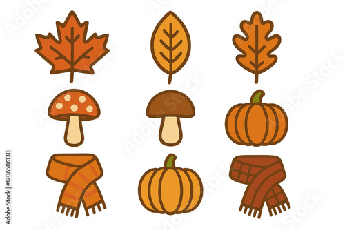 Autumn season flat icon set for fall, leaf, and harvest-themed designs