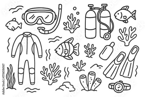 Diving equipment outline icon set. snorkeling, underwater gear outline illustrations