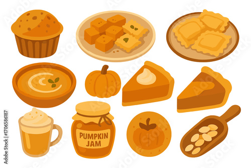 Autumn, pumpkin flat icon set. cozy fall, harvest celebration icons collection