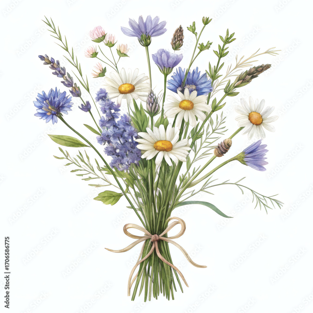 Fototapeta premium Wildflower Bouquet Rustic Meadow Flowers Floral Illustration