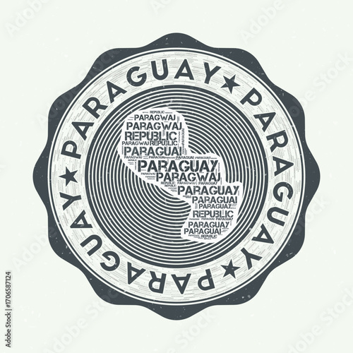 Paraguay seal. Country round logo with shape of Paraguay and country name in multiple languages wordcloud. Appealing emblem. Vibrant vector illustration.