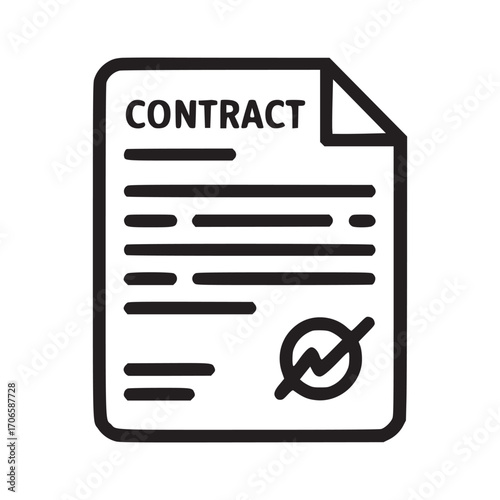 Vector art of contract icon a simple, minimalist line drawing of a contract document with a signature mark, symbolizing agreements, legal documents, and business transactions in a clean, modern style