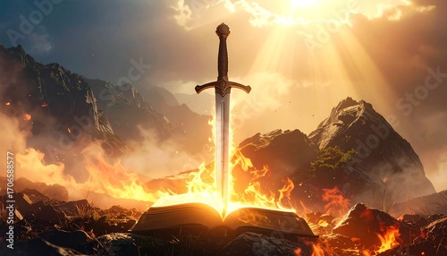 A glowing sword pierces an open book atop a burning pyre against a dramatic mountain backdrop and sun rays